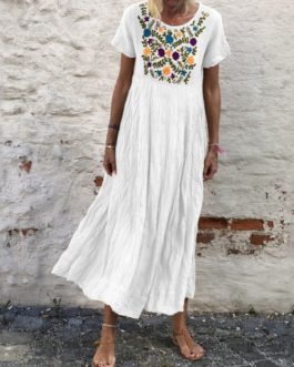 Casual Short Sleeve Floral  O-Neck Maxi Long Dress