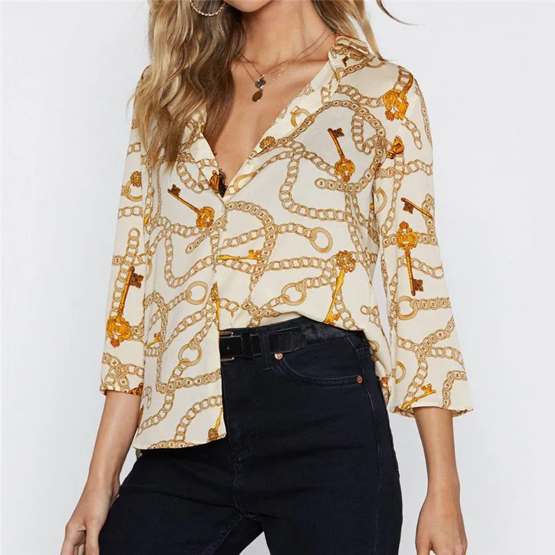Chain Print Long Sleeve Blouse Casual Turn-Down Collar Shirt