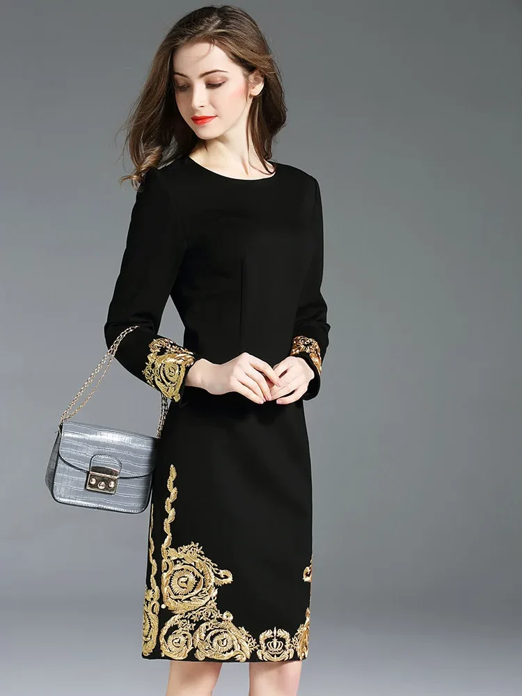 Elegant Embroidery O-neck slim office lady short Dress