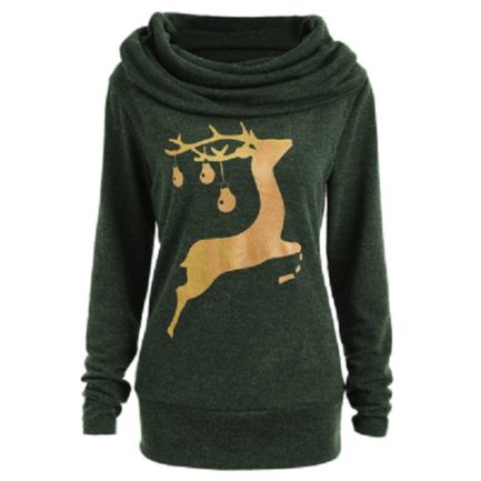 Elk Deer Print Cowl Neck Pullover Sweatshirt - Power Day Sale