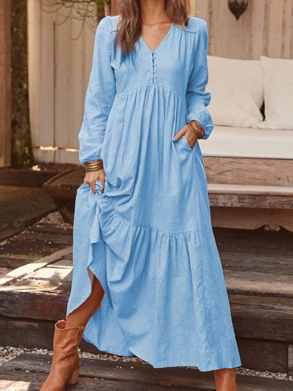 Frog Button V-neck Long Sleeve Maxi Dress - Power Day Sale