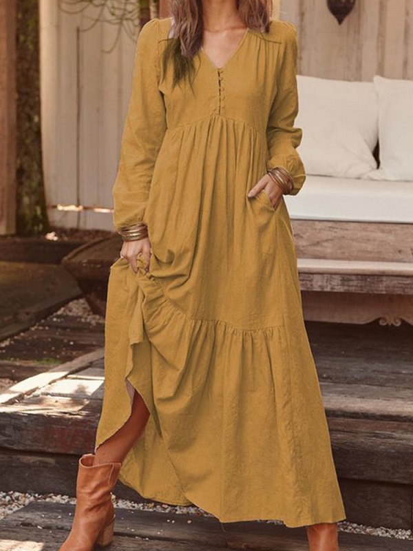 Frog Button V-neck Long Sleeve Maxi Dress - Power Day Sale