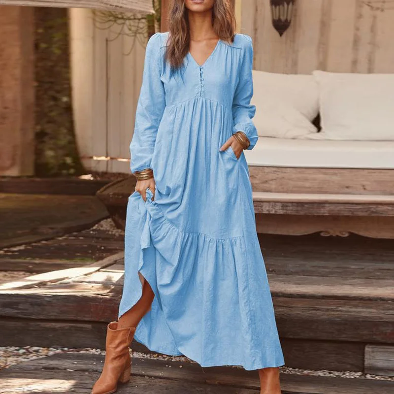 Frog Button Vintage Long Sleeve Loose Dress Solid High Waist Big Swing Dress