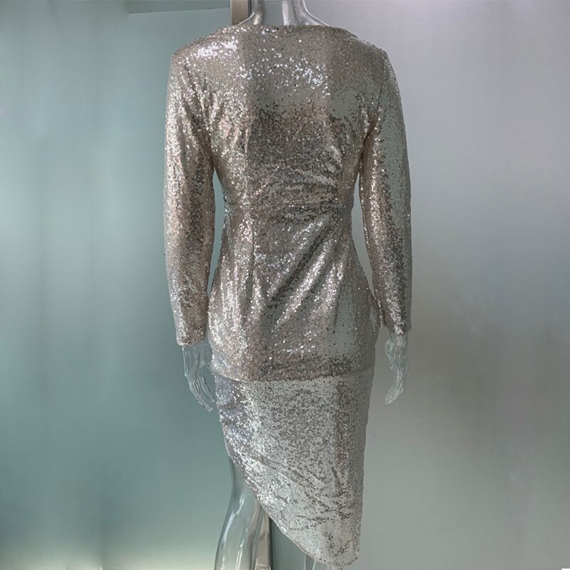 Glitter Sequined Sexy V-neck Long Sleeve Bodycon Dress - Power Day Sale