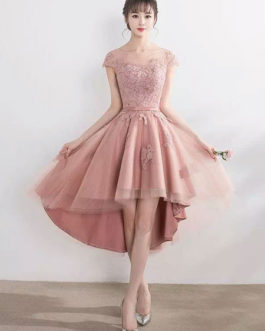 High Low Lace Applique Illusion Short Prom Dress