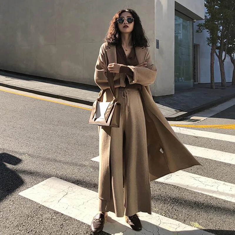 Knitted Classic Loose Slacks Ankle Length Casual Style Wide Leg Pants