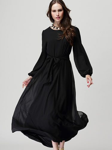 Long Sleeve Oversized Long Dress With Sash - Power Day Sale