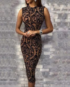 New Fashion O-Neck Sleeveless Floral Print Bodycon Dress