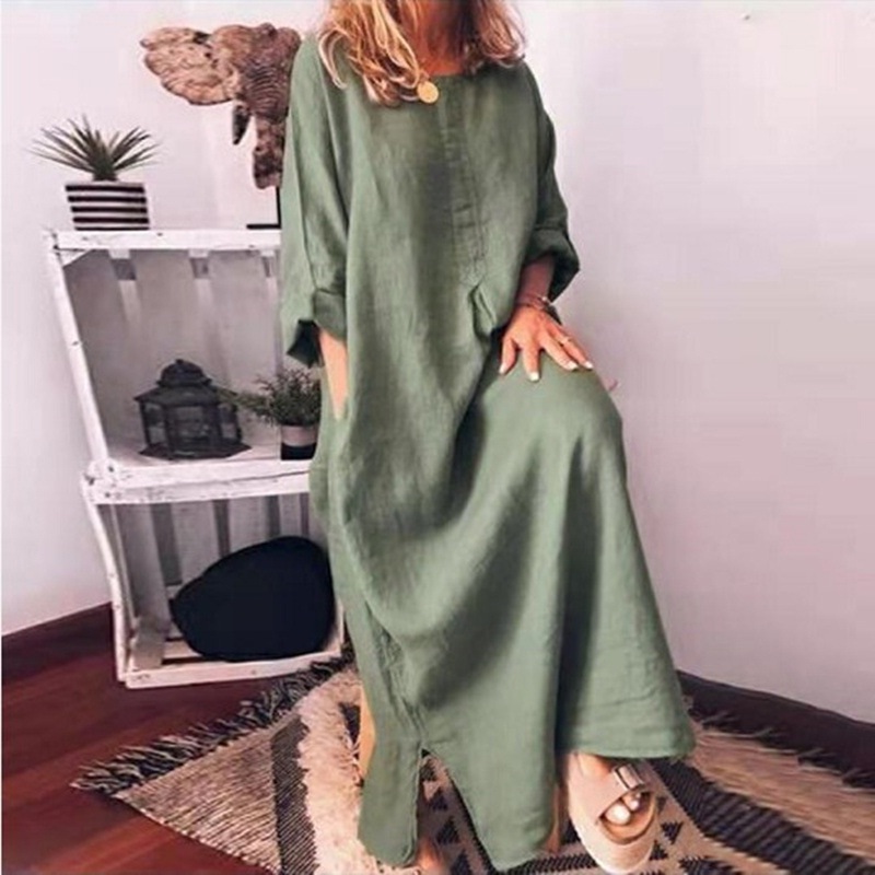 O Neck Cotton Long Sleeve Loose Plus Size Party Dress - Power Day Sale