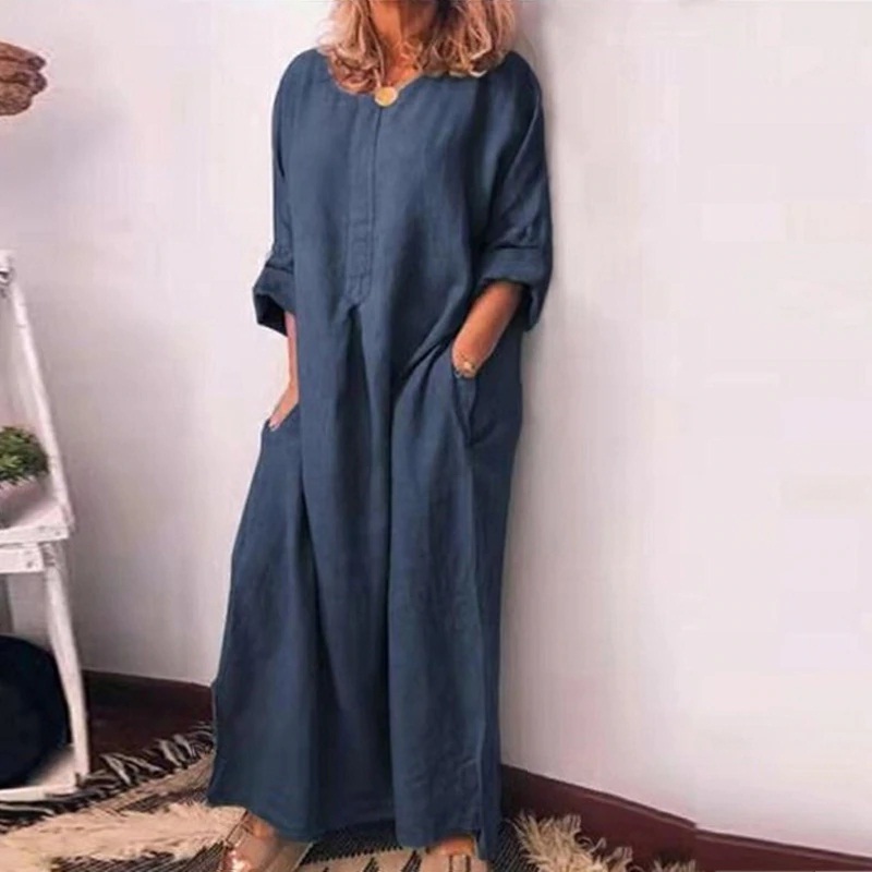 O Neck Cotton Long Sleeve Loose Plus Size Party Dress - Power Day Sale