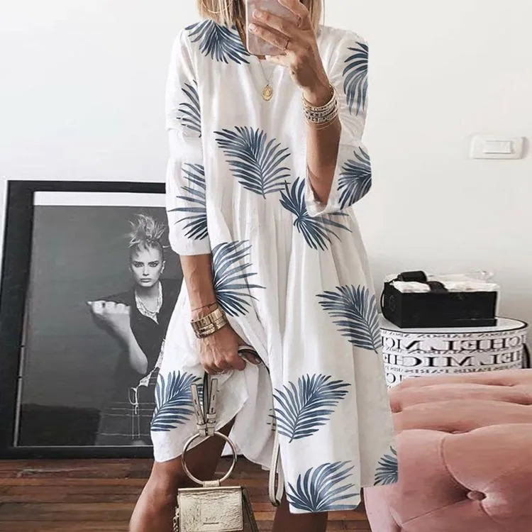 O Neck Printed Three Quarter Sleeve Leaf Print Plus Size Dresses