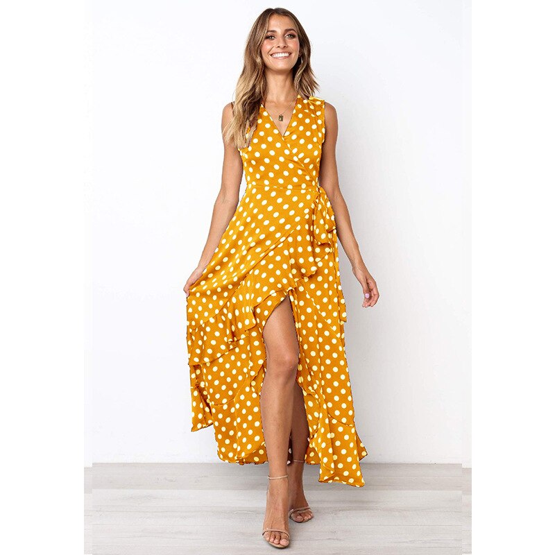 Plus Size Dot Sleeveless V Neck Ruffles Dress Power Day Sale