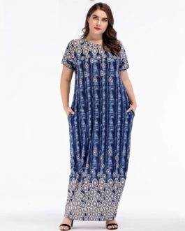 Plus Size Short sleeve O-Neck Floor-Length maxi Dress