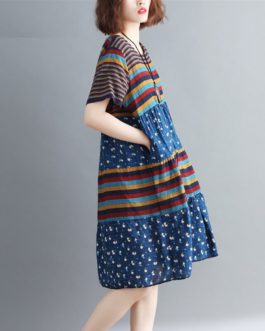 Plus size Striped Loose short sleeve Casual Dress