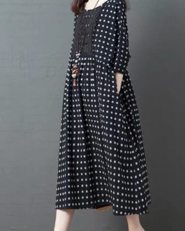 Polka Dot Lace Patchwork 3/4 Sleeve Maxi Dress