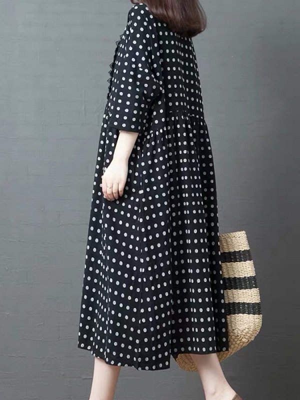 Polka Dot Lace Patchwork 3/4 Sleeve Maxi Dress - Power Day Sale
