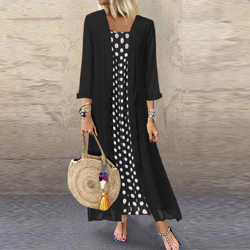 Polka Dot Print O Neck Long Sleeve Plus Size Maxi Dress - Power Day Sale