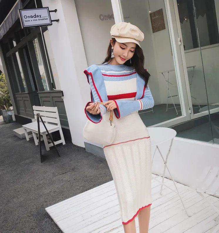 Sheath Sweater Dress Long Sleeve Patchwork Ruffled Dress