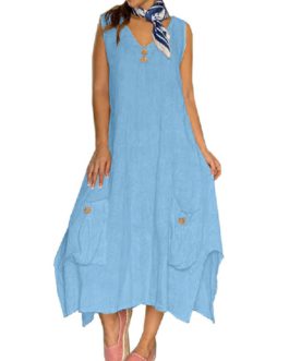 Sleeveless Solid Color Splited Button Maxi Dress