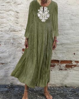 Solid Color Embroidery Short Sleeve V-neck Casual Maxi Dress