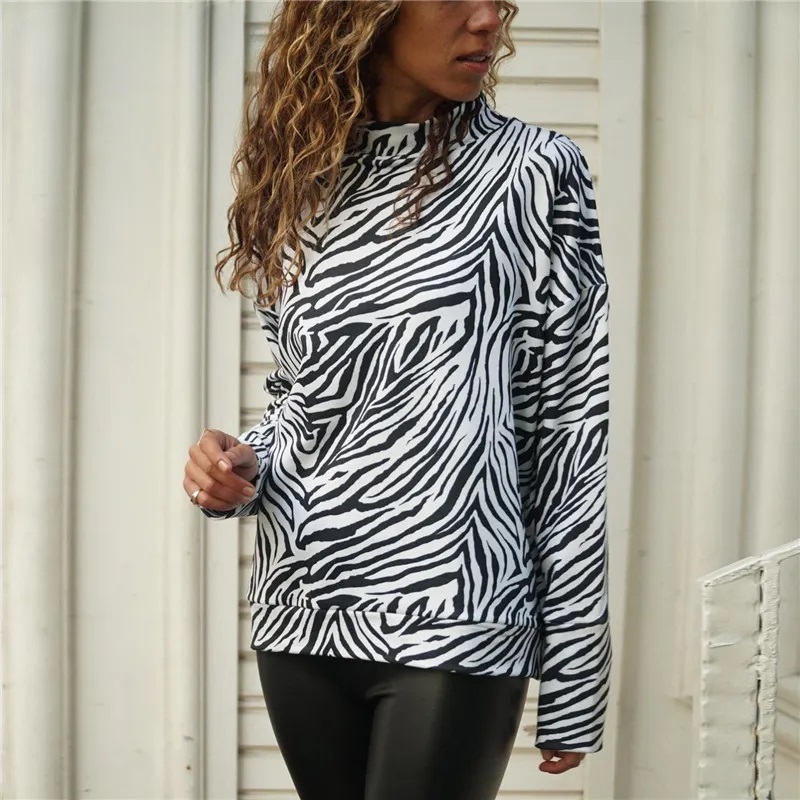 Striped Turtleneck Knitted Long Sleeve Zebra Print Pullover Casual Chemises