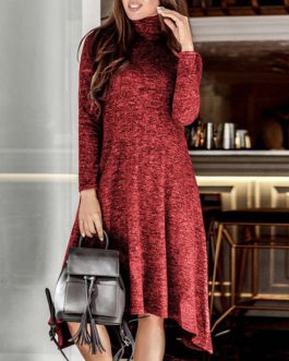 Turtleneck Warm Casual Long Sleeve Solid Maxi Party Dress