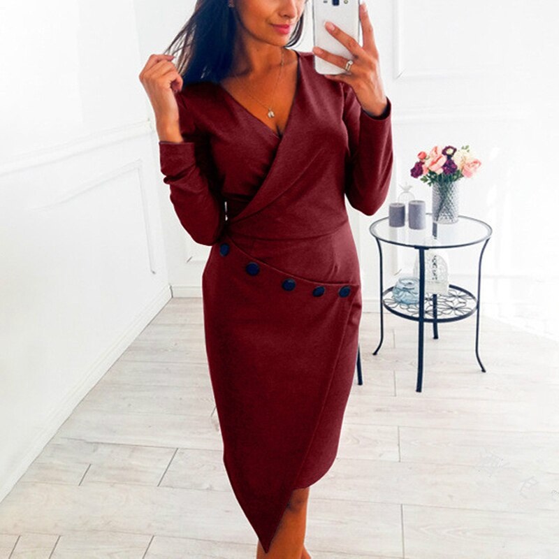 V-neck Casual Long Sleeve Midi Party Dress - Power Day Sale
