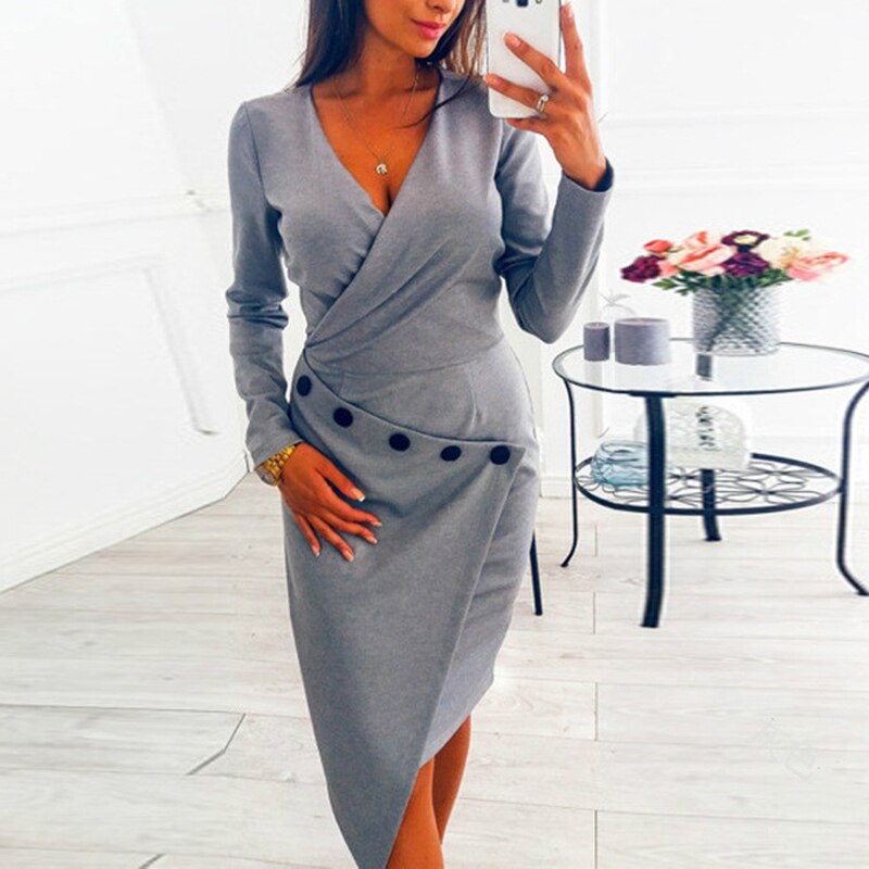 V-neck Casual Long Sleeve Midi Party Dress - Power Day Sale