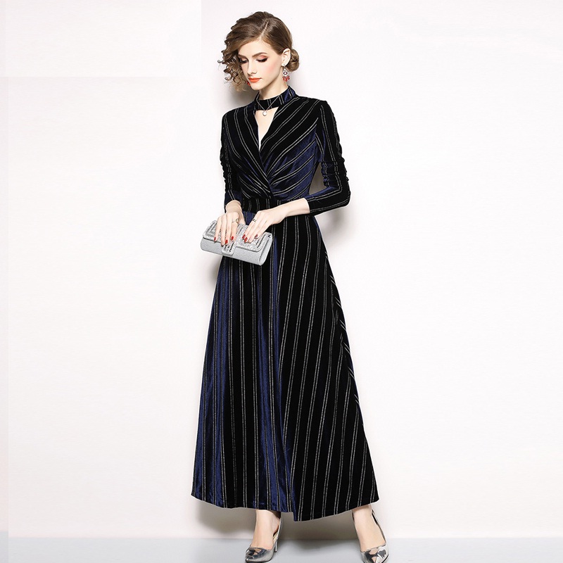 Velvet Evening party Elegant Striped Vintage Maxi Dress - Power Day Sale