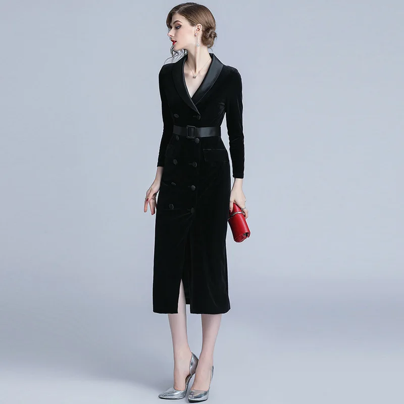 Velvet Vintage V-neck Long Sleeved Slim Party Dresses