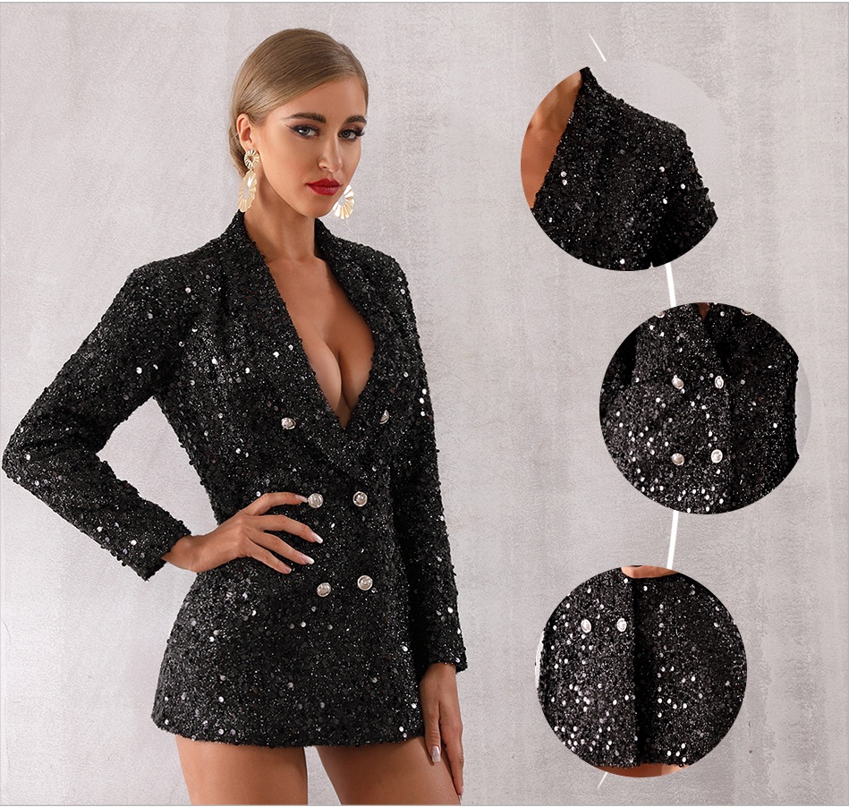 Deep V Neck Double Breasted Long Sleeve Sequines Coats 10