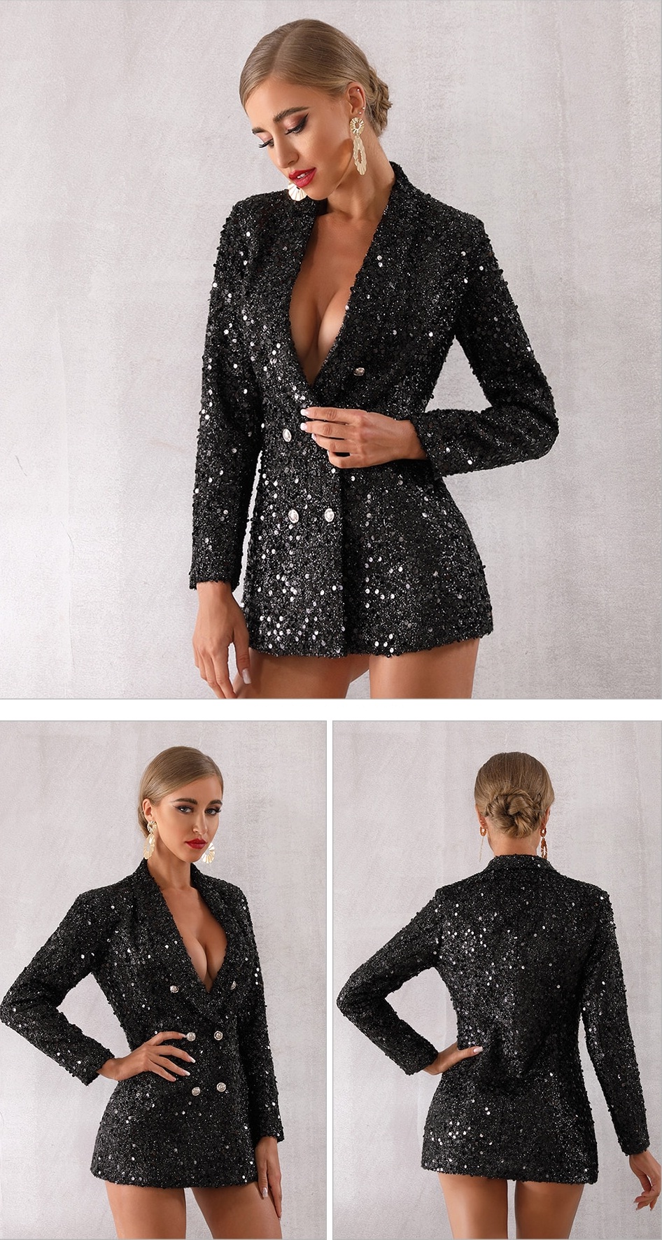Deep V Neck Double Breasted Long Sleeve Sequines Coats 11