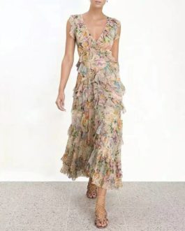 Elegant Flower Print Silk Long Dress