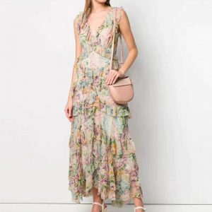 Elegant Flower Print Silk Long Dress - Power Day Sale