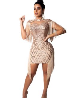 Elegant Sexy Lace Short Sleeve Tassel Mini Dress