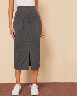 High Waist Ladies Casual Hem Pocket Patched Straight Long Skirt