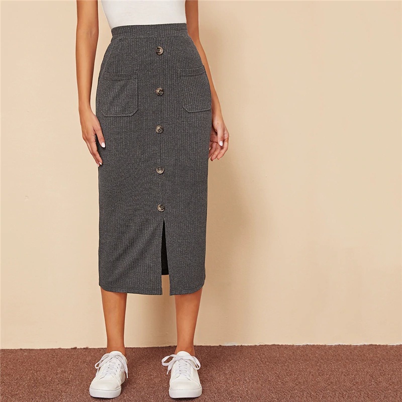 High Waist Ladies Casual Hem Pocket Patched Straight Long Skirt - Power ...