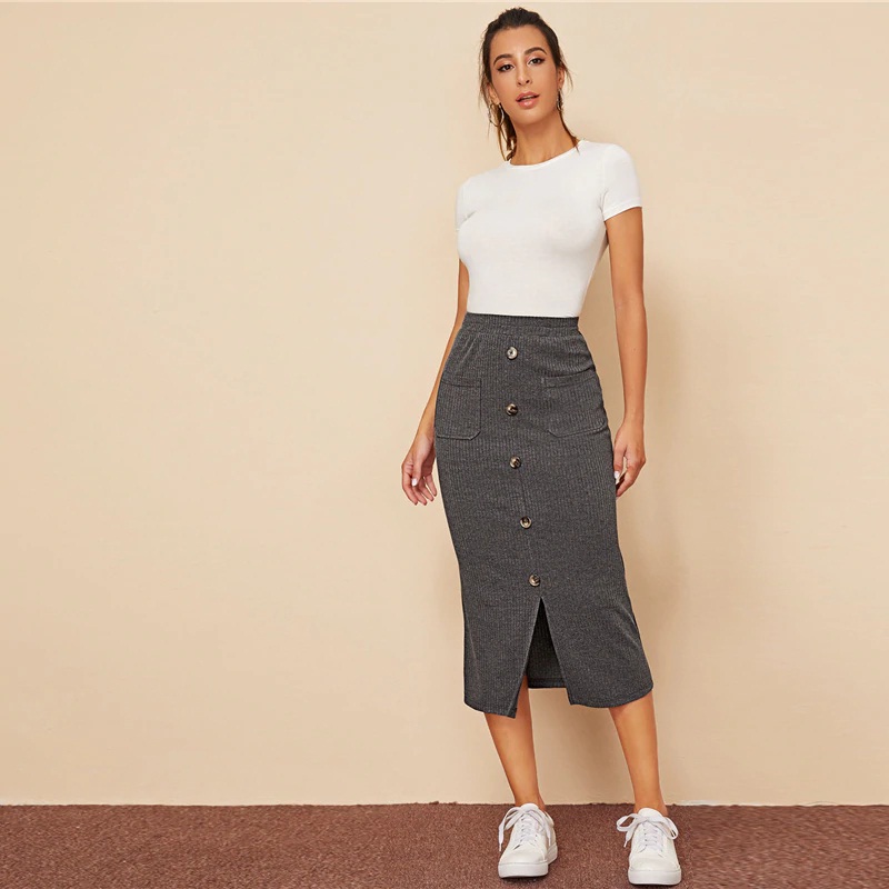 High Waist Ladies Casual Hem Pocket Patched Straight Long Skirt - Power ...