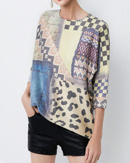 Casual Jewel Neck Long Sleeves Geometric Stretch Pullovers