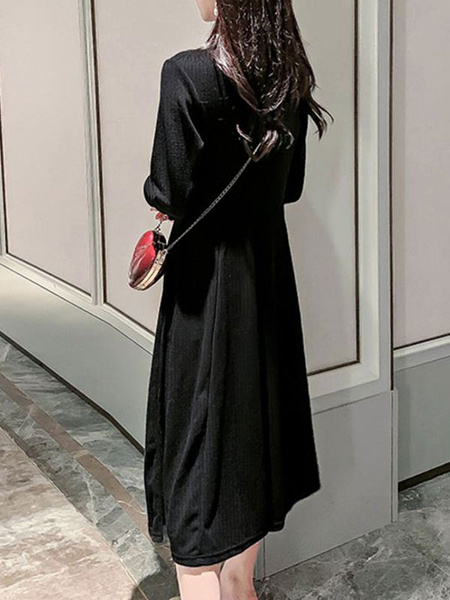 Jewel Neck Knotted Long Sleeves Acrylic Oversized Shirt Dresses - Power ...