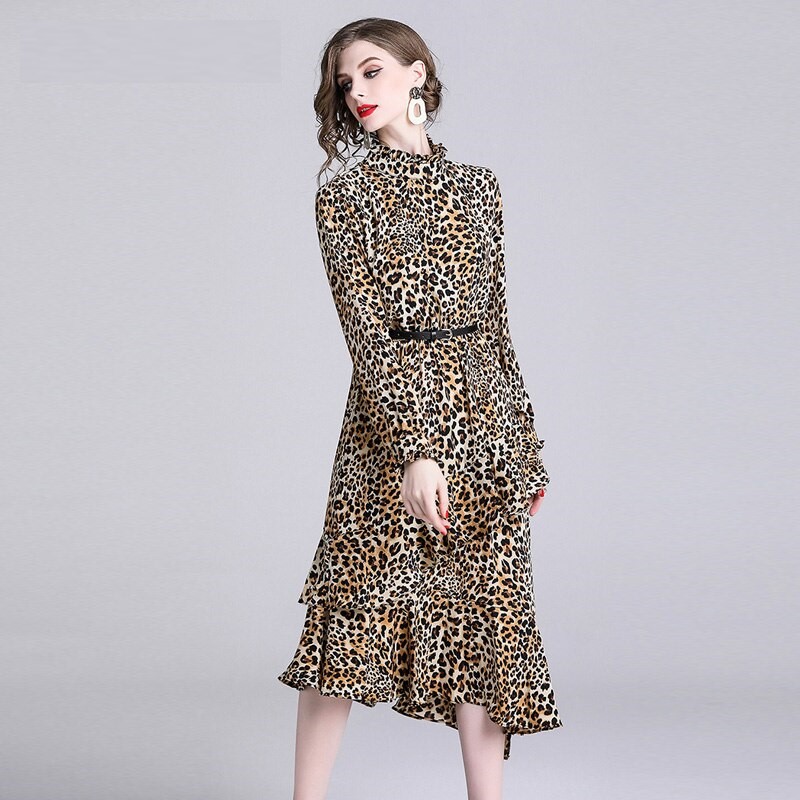 Leopard Print Ruffles Elegant Evening Party Dress - Power Day Sale