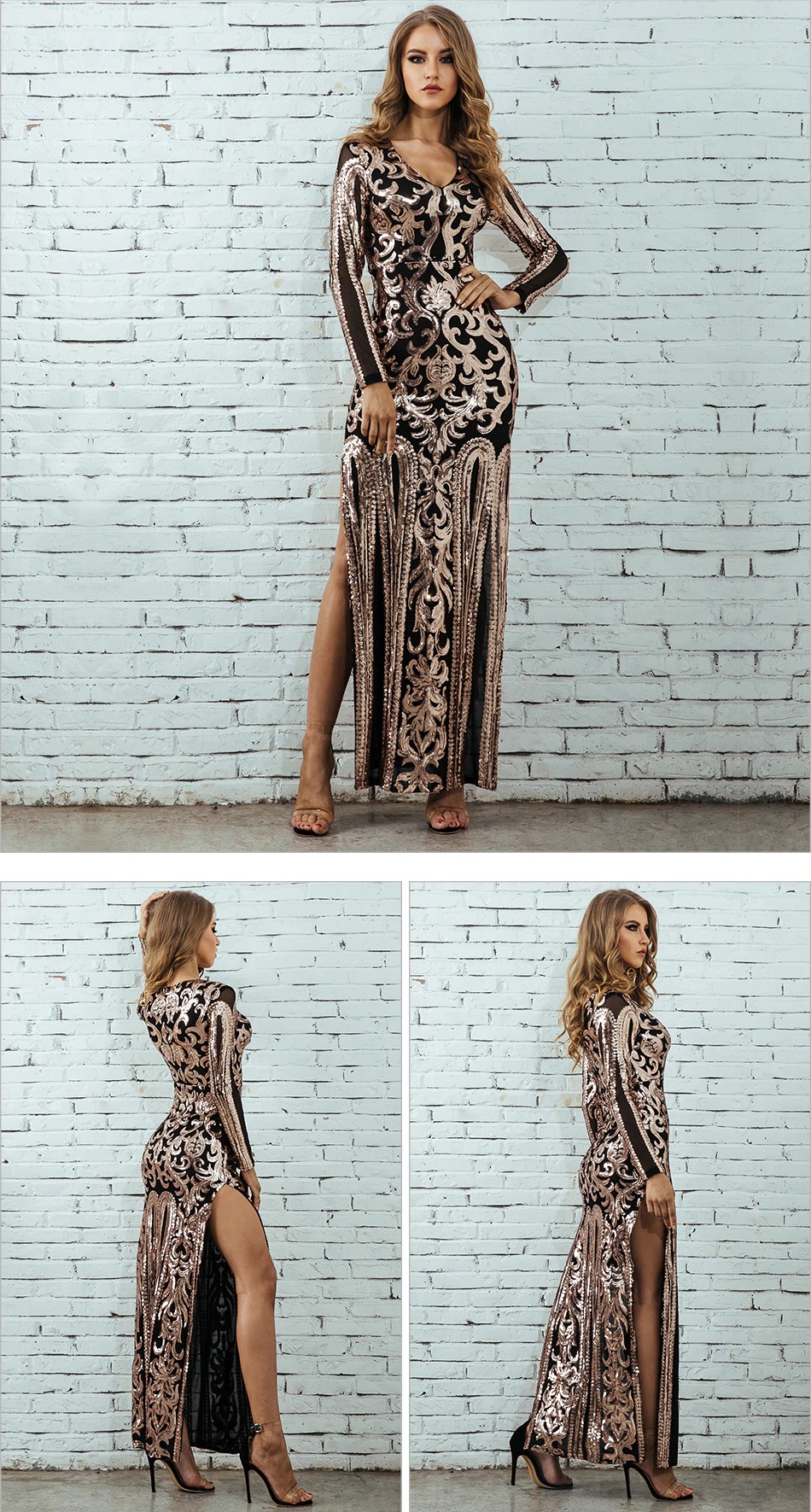 Long Sleeve Sequin Sexy Celebrity Evening Party Maxi Dress 11
