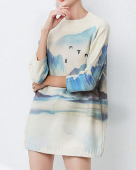 Casual Jewel Neck Long Sleeves Animal Print Stretch Pullover Sweater