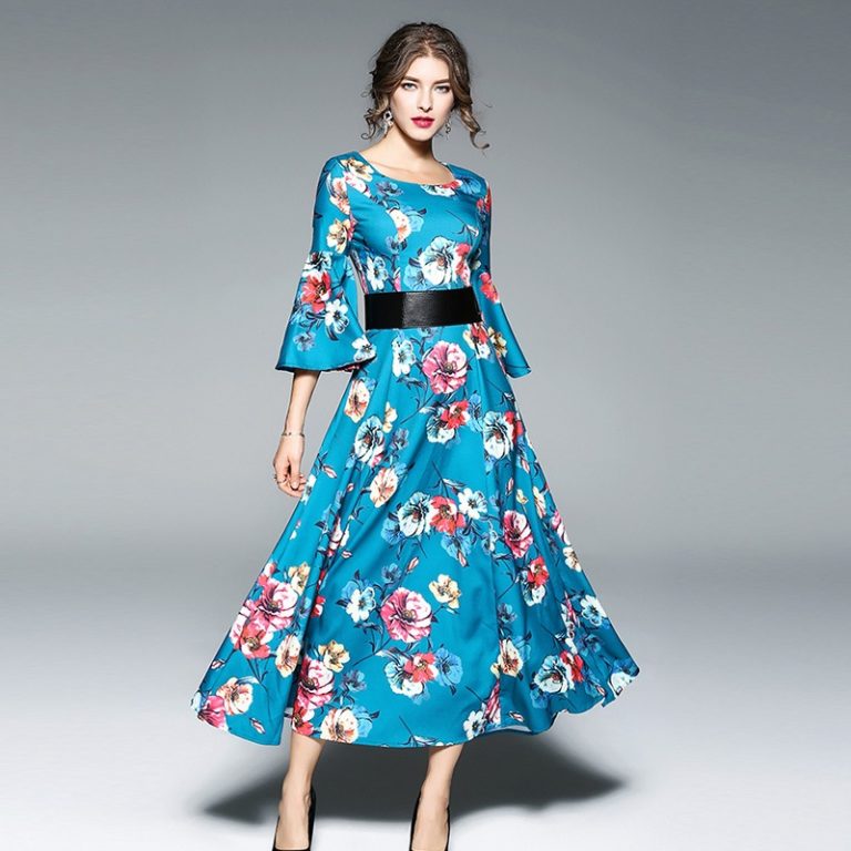 Vintage Floral Print Butterfly Sleeve Long Dress - Power Day Sale