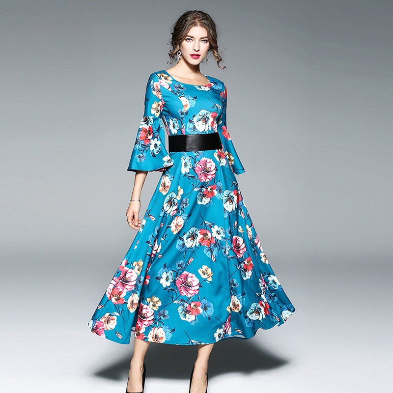 Vintage Floral Print Butterfly Sleeve Long Dress - Power Day Sale