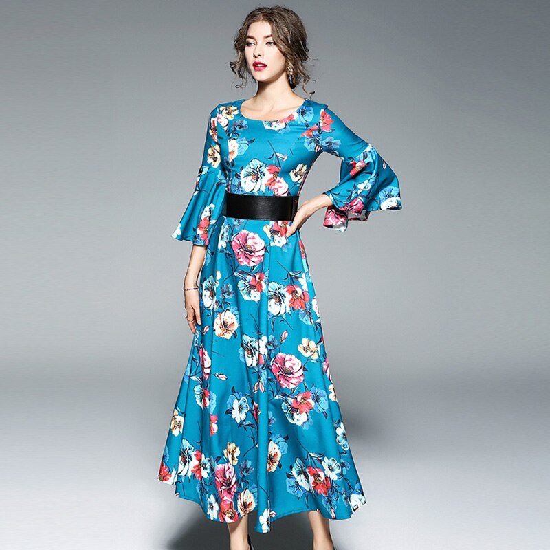 Vintage Floral Print Butterfly Sleeve Long Dress - Power Day Sale