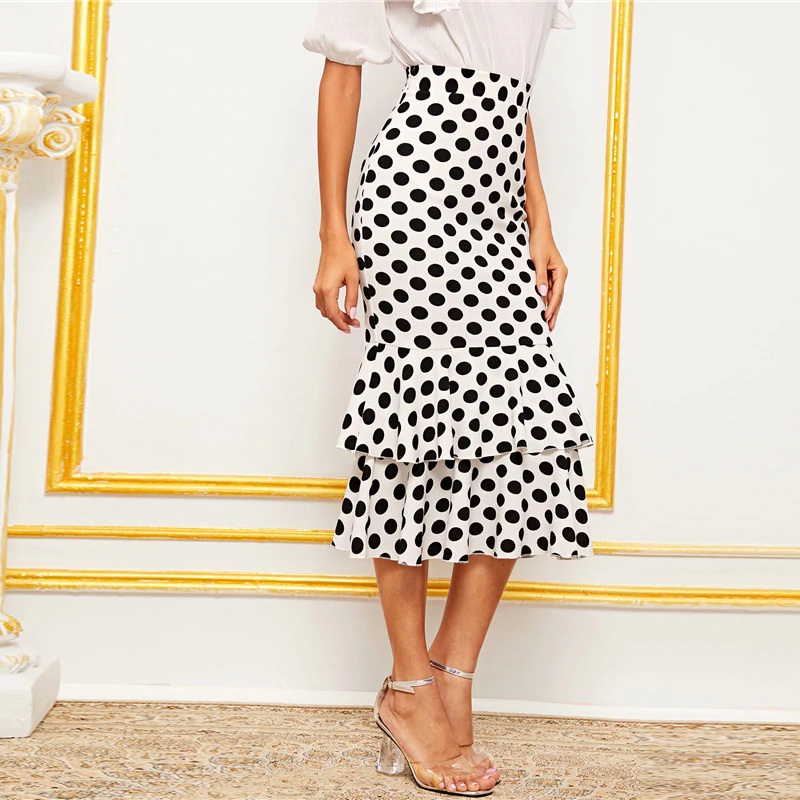 Polka Dot Layered Fishtail Hem Elegant Skirt - Power Day Sale