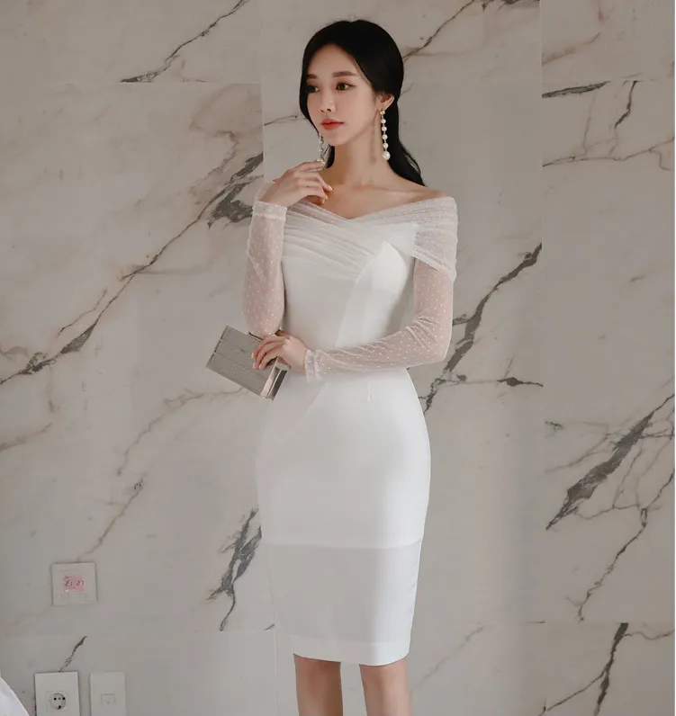 Polka Dot Slash Neck Zipper Layered Long Sleeves Pencil Bodycon Dress