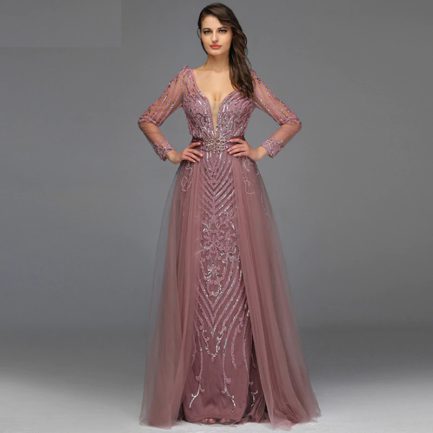 Sequined Sparkle Long Sleeve Beading Evening Gowns - Power Day Sale