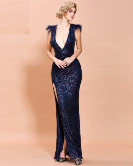 Sexy Off Shoulder Feather Sequin Maxi Dress